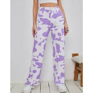 SHEIN Purple and White Cow Camoflauge Patterned Wide Leg Pants